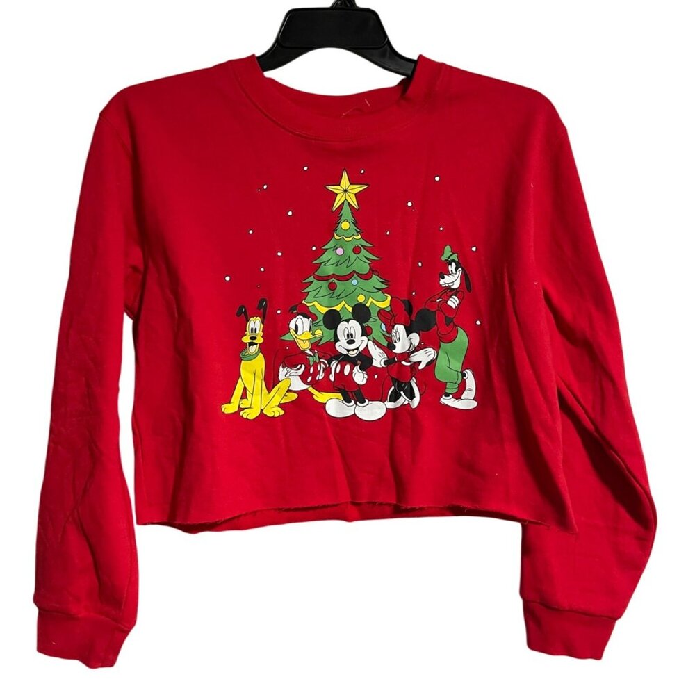 Disney Mickey & Friends Christmas Red Crop Sweatshirt L Cotton Blend Holiday